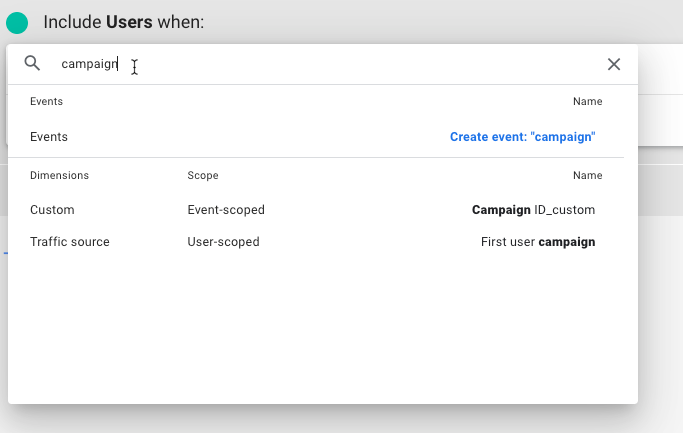 Screenshot of Google Analytics 4 (GA4) campaign segment settings, demonstrating how data standards can enhance GA4 insights