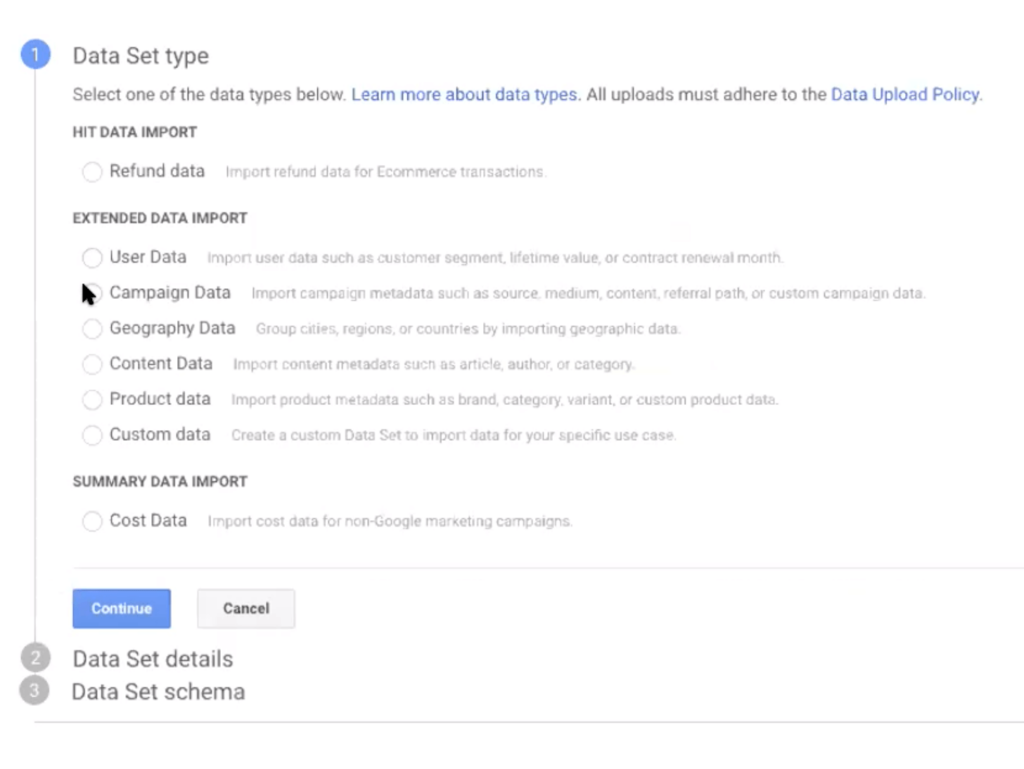creating custom dimensions and a utm_id - data set type, select campaign data
