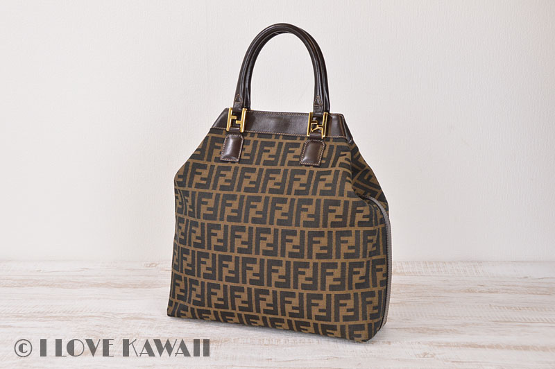 Used FENDI Zucca Canvas / Brown Leather Hand Bag