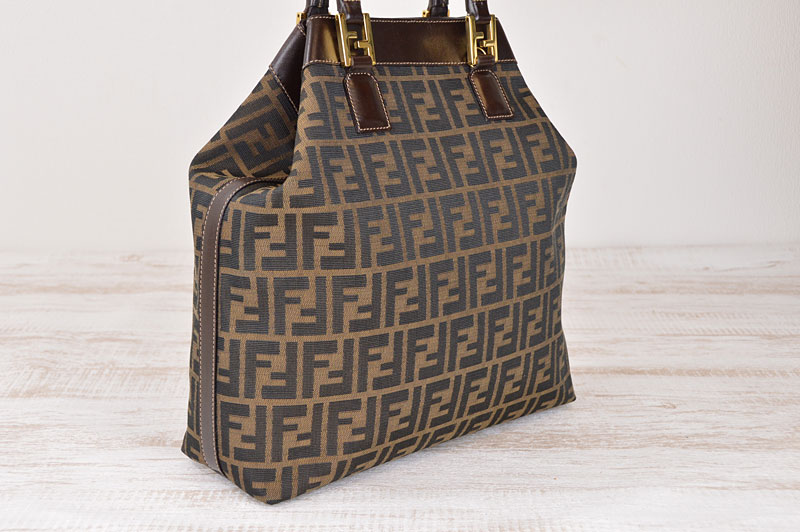 Used FENDI Zucca Canvas / Brown Leather Hand Bag