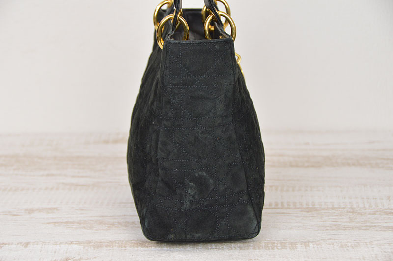 Used Christian Dior Gold Plated / Black Leather / Suede Lady Dior Hand Bag