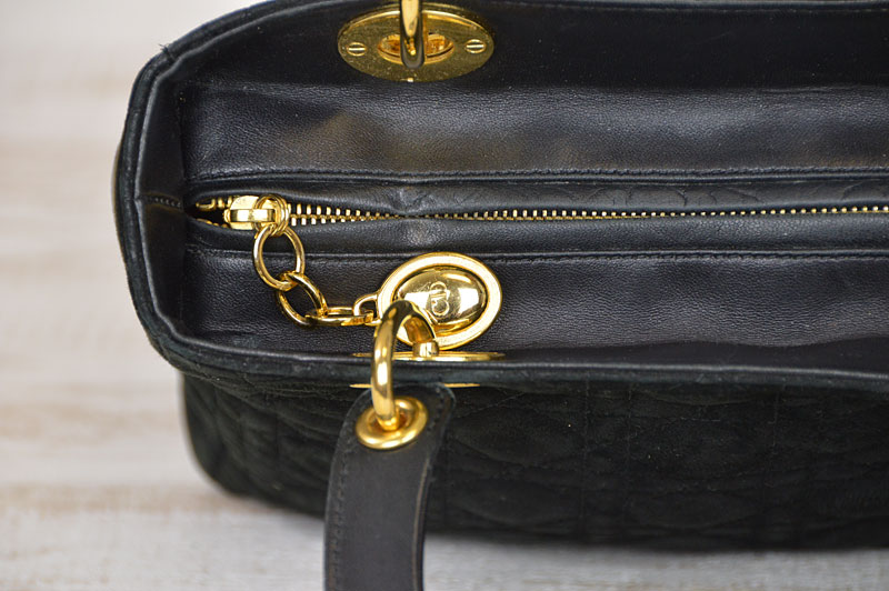 Used Christian Dior Gold Plated / Black Leather / Suede Lady Dior Hand Bag