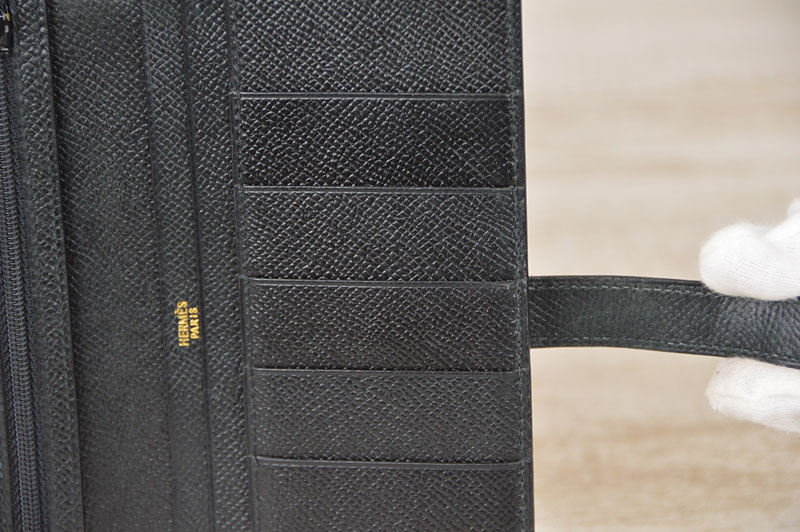 Used HERMES Black Leather H Logo Beant Souffle Bi-fold Long Wallet
